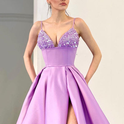 flowersverse   V-Neck Sequined Long Dress Women Summer Black Spaghetti Strap Split Dresses Elegant Slim Solid Party Vestido Female