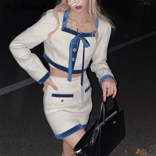 flowersverse Autumn Kawaii Two Piece Set Women Korean Fashion Patchwork Party Mini Skirt Suit Female Long Sleeve Bow Designer Skirt Set