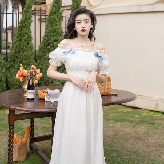 flowersverse Back to school  Summer Vintage White Princess Dress Woman French Style Bandage Bow Slash Neck Puff Sleeve Romantic Fairy Dresses Vestido Blanco