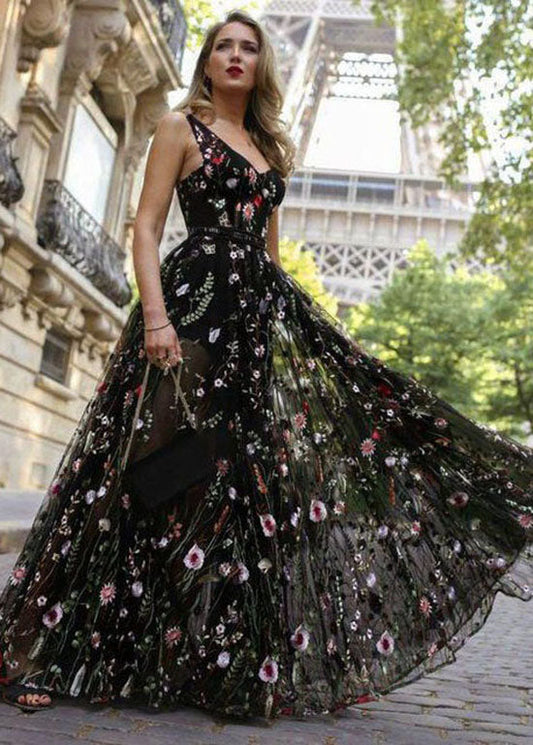 flowersverse Sexy Black Embroideried Patchwork Chiffon Dress Summer LY1920