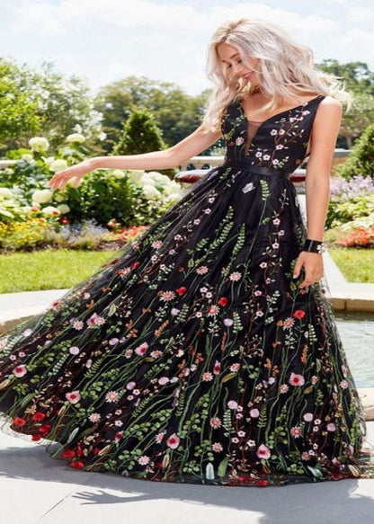 flowersverse Sexy Black Embroideried Patchwork Chiffon Dress Summer LY1920