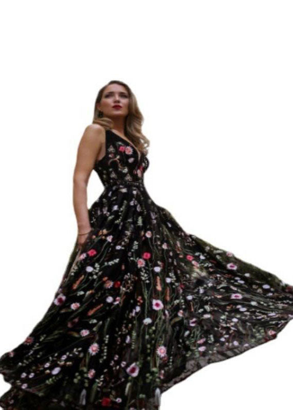 flowersverse Sexy Black Embroideried Patchwork Chiffon Dress Summer LY1920