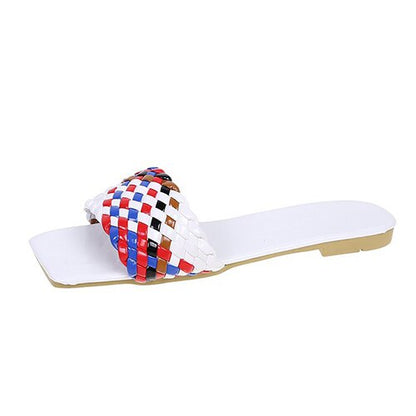 flowersverse  New Fashion Weave Slippers Women Square Toe Flat Casual Shoes Women Slide Summer Flip Flops Beach Sandal Slipper Big Size42