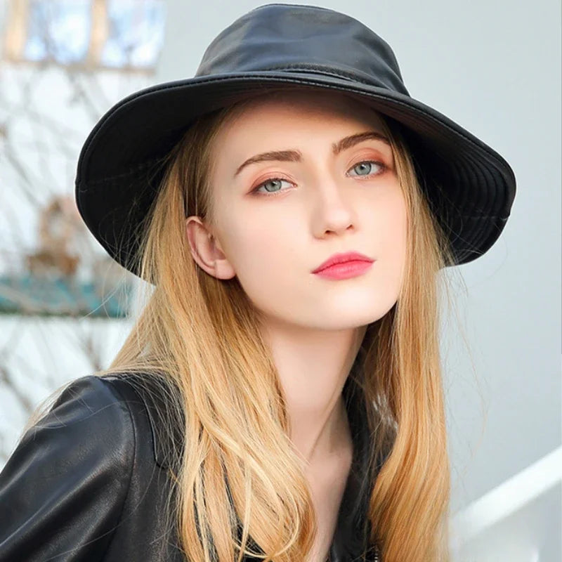 flowersverse- New Spring/Winter Japanese Women Genuine Leather Bucket Hats Men/Women Black Fisherman Caps Easy Carry Street Bonnet