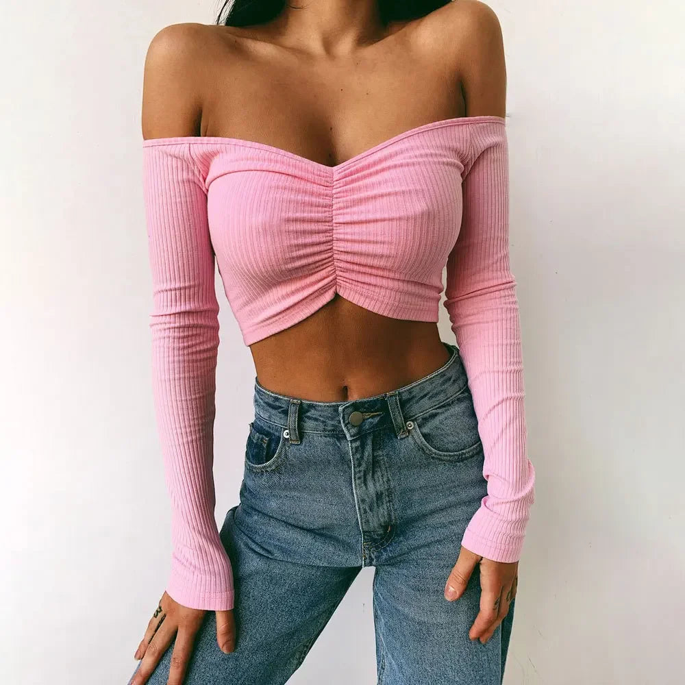 flowersverse-Sexy Off Shoulder Bare Midriff Folds Rib T Shirt Women Long Sleeves Slash Neck Short Tshirt Ladies Tee Shirt Camisetas Mujer