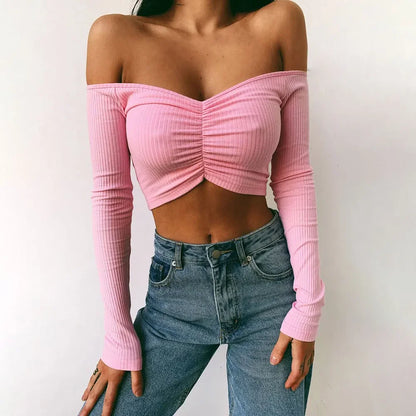 flowersverse-Sexy Off Shoulder Bare Midriff Folds Rib T Shirt Women Long Sleeves Slash Neck Short Tshirt Ladies Tee Shirt Camisetas Mujer