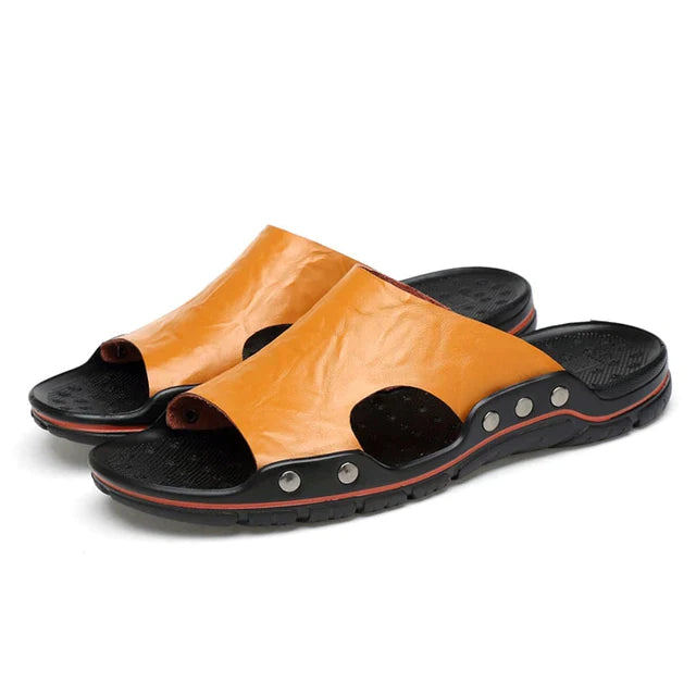 flowersverse-Summer Men Slippers Genuine Leather Breathable Clogs Sandals Beach Classics Leather Slides Outdoor Flip Flops Plus Size Men Shoe