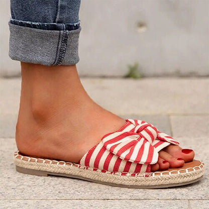 Back to school flowersverse  Women's Bow Slippers  Summer Ladies Sandals Flat Woman Stripe Open Toe Slides Female Beach Shoes Women Slip On Footwear