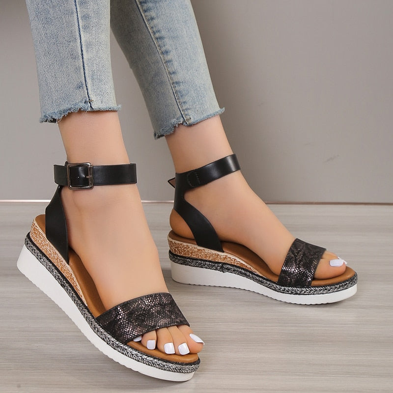 flowersverse Amkle Strap Wedge Sandals for Women Summer  High Heel Open Toe Buckle Gladiator Shoes Woman Non Slip Platform Sandals Female