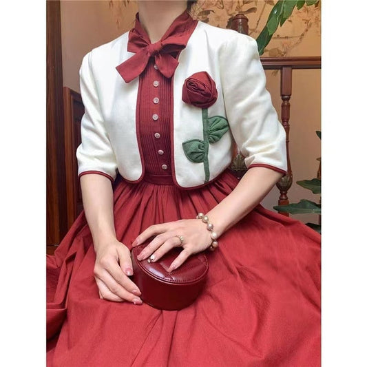 flowersverse Back to school outfit  Vintage French Style Woman Outfits Retro Gothic Red Bow Sleeveless Tank Dress & Short Design Elegant Jacket Modern 2 Piece Set