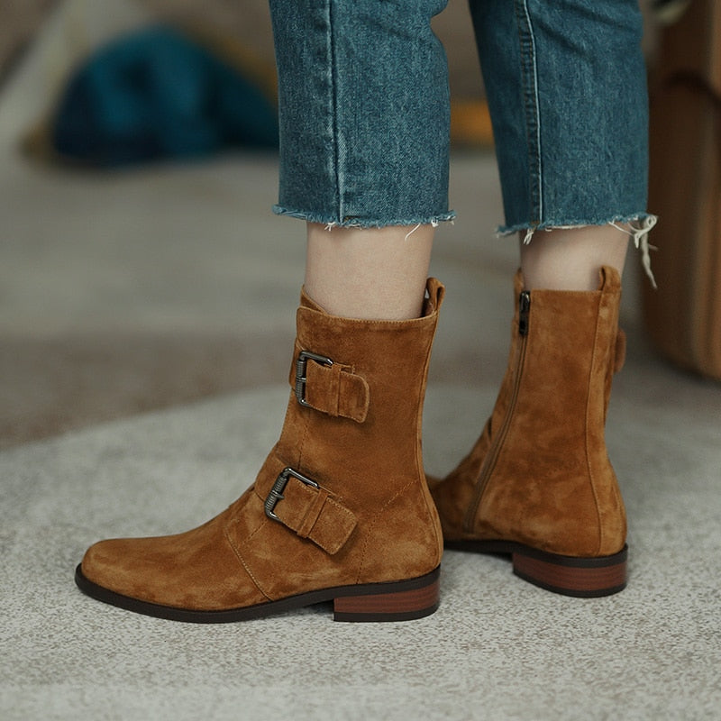 flowersverse Autumn and winter Women ankle boots natural leather 22-25CM sheep suede modern boots side zipper double buckle short boots
