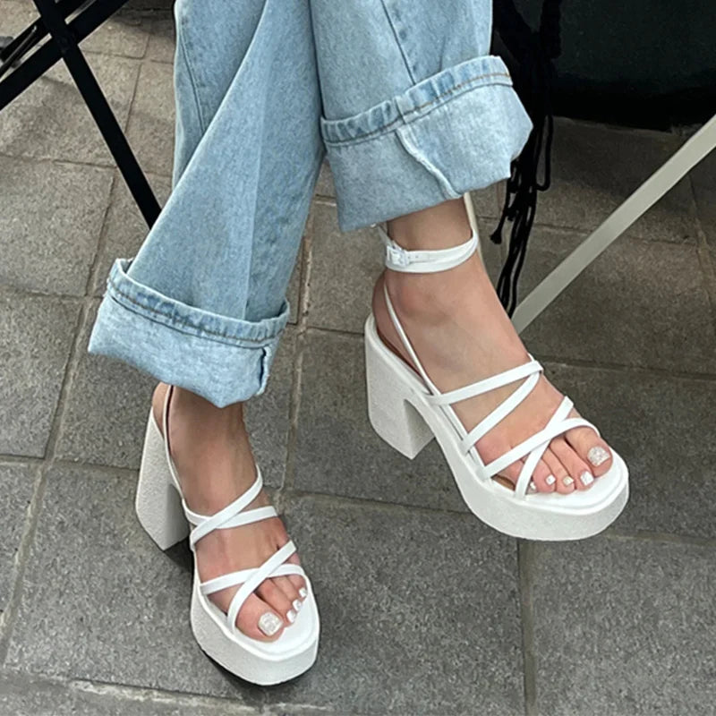 flowersverse-Brand Women High Heels Party Shoes Chunky Sandals  New Summer Cross Tied Sexy Pumps Rome Ladies Shoes Slippers Mujer Zapatos