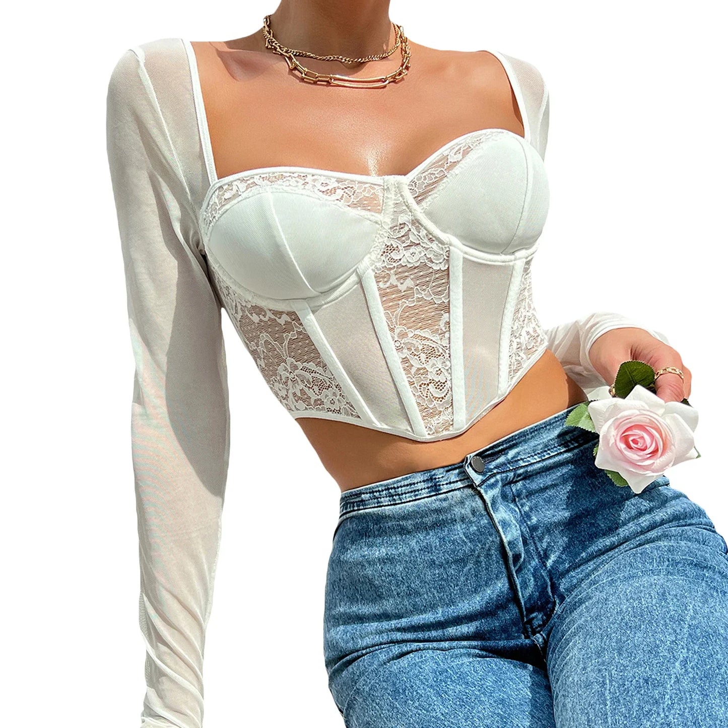 flowersverse-Women Y2k Lace Patchwork Corset Crop Tops Sexy V Neck Long Sleeve T-shirt See Through Open Back Bustier Shirt Streetwear