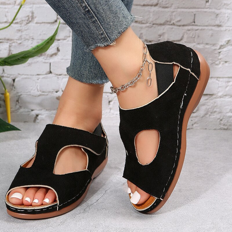 flowersverse Vintage Leopard Print Roman Sandals Women Peep Toe Hollow Out Wedge Sandalias Mujer  Thick Sole Non Slip Summer Shoes Woman