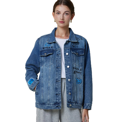 flowersverse-New Spring Autumn Single-breasted Womens Denim Jacket Coat Loose Long Sleeve Tops Casual Jean Coats Female Outerwear