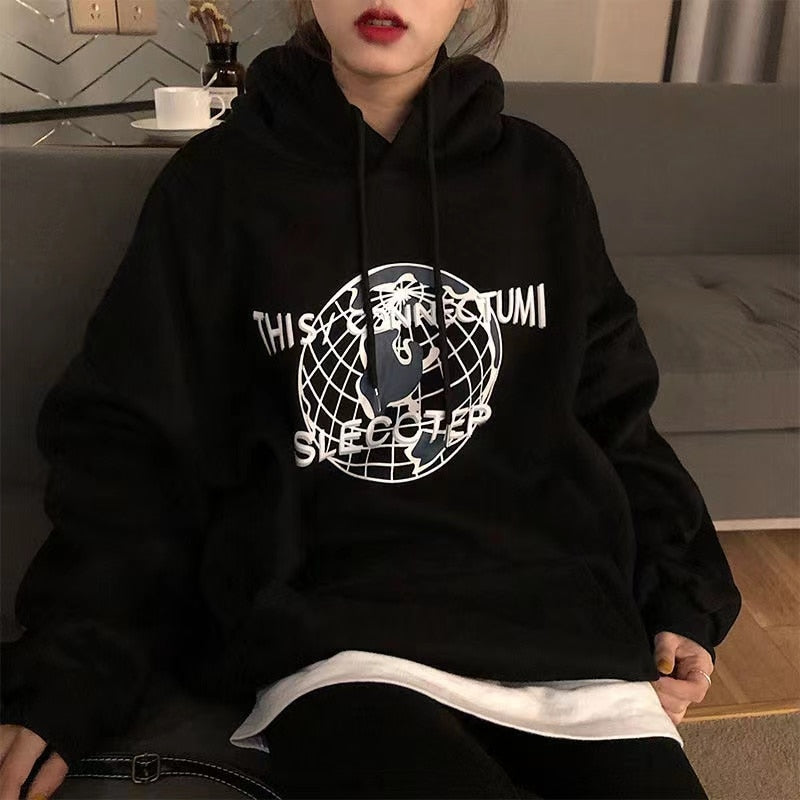 flowersverse Black Friday Sales Women Harajuku Hoodie Autumn And Winter Plus Velvet Sweatshirt Hip-Hop Planet Printing Fashion Hooded Loose Top Women Sweatshirt