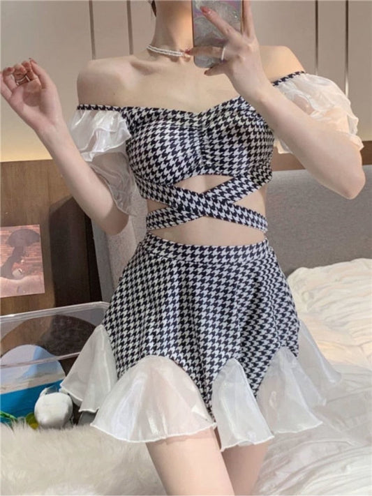flowersverse Back to school outfit 2 Piece Dress Set Women Chic Vintage Chiffon Sexy Casual Blouse + Sweet Short Skirts Fashion Suits Korean Dress Summer Y2k