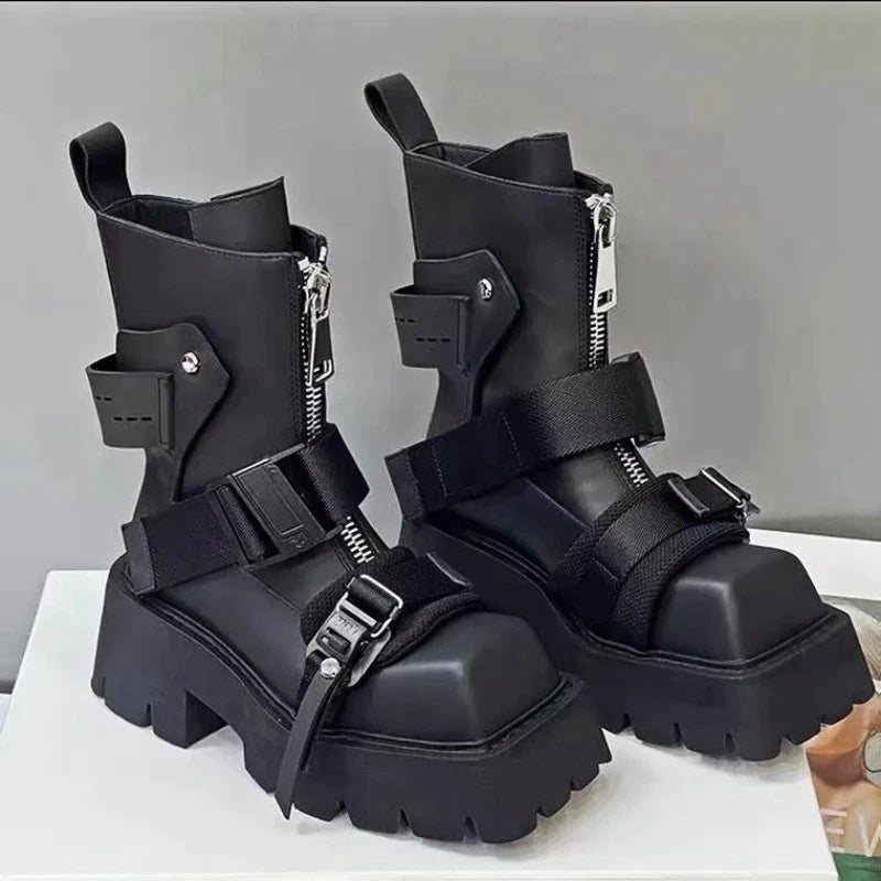 flowersverse-Genuine Leather Boots Women 2024 Tube Platform Boots Belt Buckle Design Cool Biker Botas Square Thick Bottom Head Ankle Boots