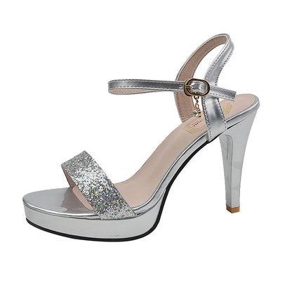 flowersverse Gold Silver Glitter High Heel Sandals for Women Summer  Ankle Strap Platform Pumps Woman Stiletto Heeled Party Shoes