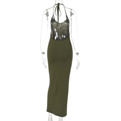 flowersverse-Women Y2k Halter Neck Bodycon Dress Solid Color Sleeveless Sexy Backless Low Cut Tie-Up Long Cocktail Party Dress Streetwear