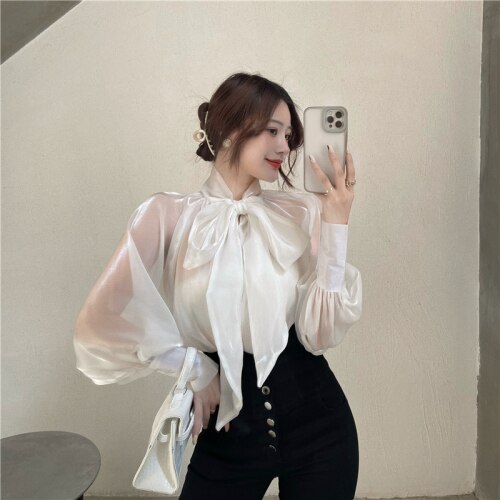 flowersverse Back to school outfit Women Shirts Spring Autumn French Sexy Temperament Female Bow-Tie Shiny Feeling Slightly Transparent Loose Blouse