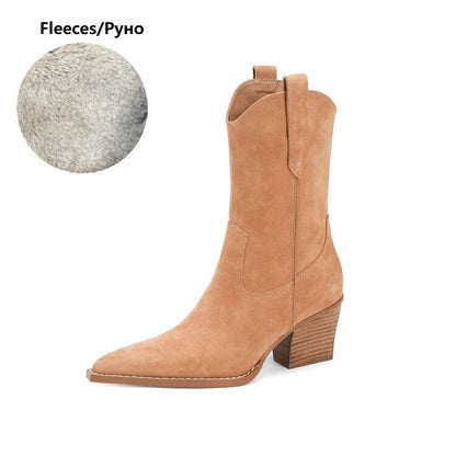 flowersverse NEW Autumn Women's Boots Cow Suede Shoes Women Pointed Toe Chunky Heel Women Boots Winter Short Western Boots Women Cowboy Boots