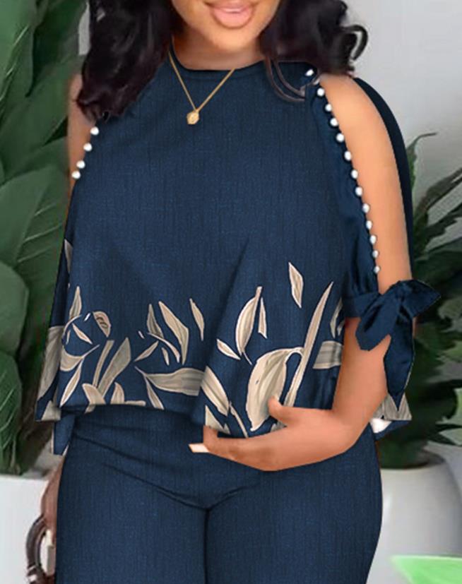 flowersverse Two Piece Sets Women Outifit  Summer Fashion Plants Print Split Sleeve O-Neck Top & Casual Straight Leg Pants Set Streetwear