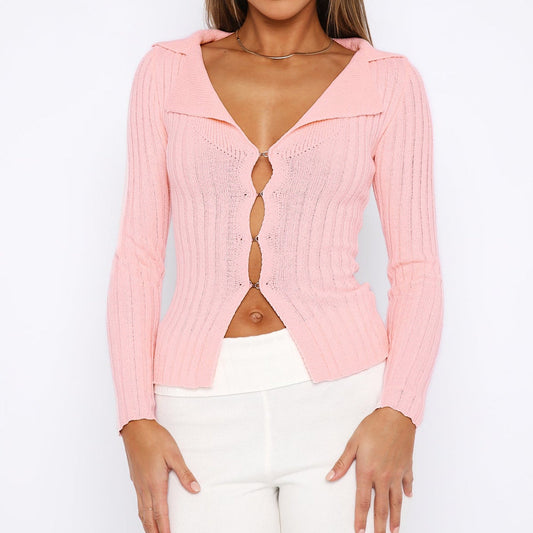 flowersverse Autumn Women Cardigans Knitwears V-neck Solid Color Knitted Tops Long Sleeve Casual Fall Long Sleeve