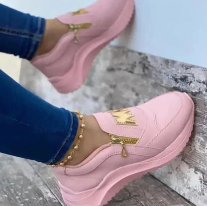 flowersverse-Women Sport Shoes Thick Bottom Solid Color Ladies Vulcanized Sneakers Casual Wedge Walking Shoes Slip On Zipper Women Shoes