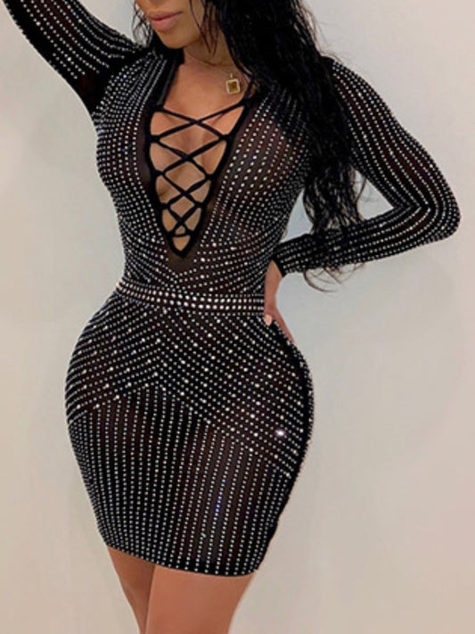 flowersverse SXY See Through Rhinestone Bodycon Dress BO50120