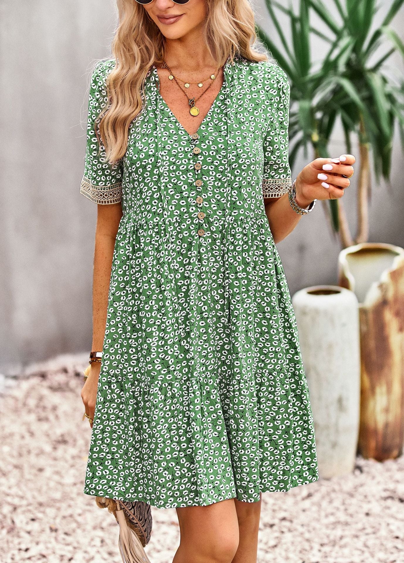 flowersverse Floral Buttoned Puff Sleeve Dress