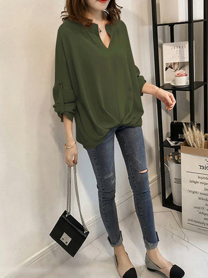 flowersverse Casual Long Sleeves Loose Solid Color V-Neck Blouses&Shirts Tops