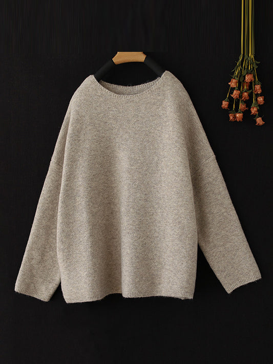 flowersverse Simple Long Sleeves Loose Solid Color Round-Neck Sweater Tops