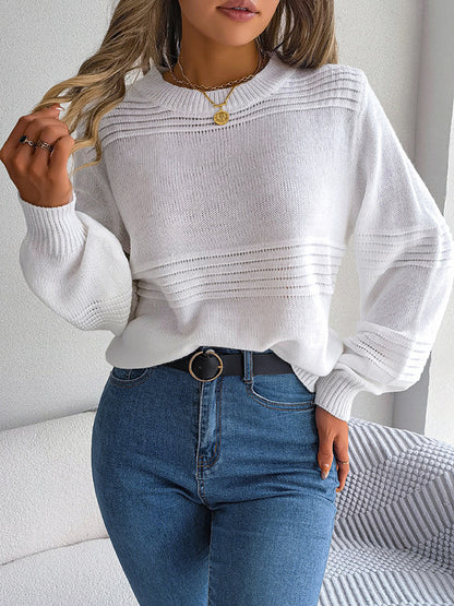 flowersverse Solid Color Long Sleeves Loose Round-Neck Sweater Tops Pullovers