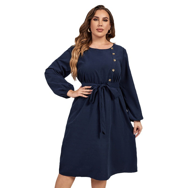 flowersverse Solid Plus Size Loose High Waist Tie Round Neck Dress