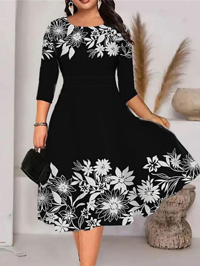 flowersverse Women's Plus Size Work Dress A Line Dress Leaf Floral Midi Dress Half Sleeve Print Crew Neck Elegant Office Black White Spring Summer XL XXL 3XL 4XL 5XL