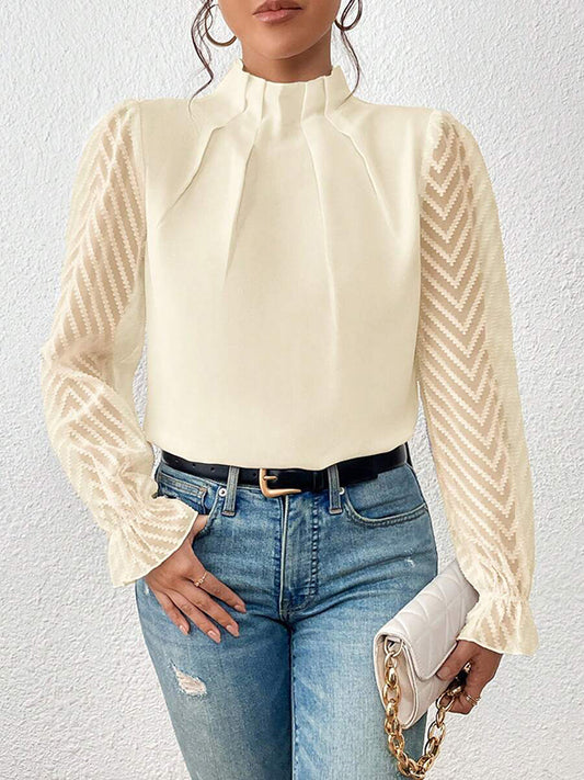 flowersverse Elasticity Mesh Pleated Solid Color Long Sleeves Loose Mock Neck Blouses&Shirts Tops