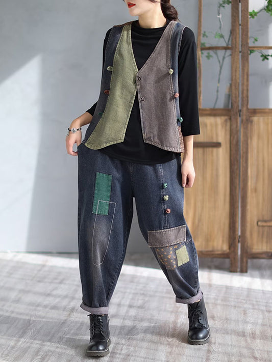 flowersverse Loose Split-Joint V-Neck Vest Top + Jean Harem Pants Bottoms  Two Pieces Set