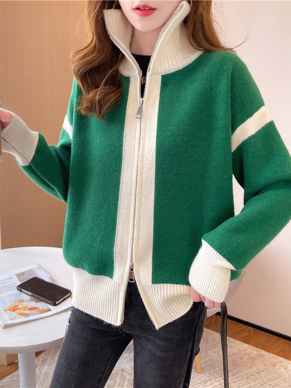 flowersverse Casual Long Sleeves Contrast Color Zipper Stand Collar Cardigan Tops