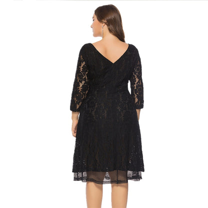 flowersverse Summer Fall Plus Size Women's Round Neck Lace Dress