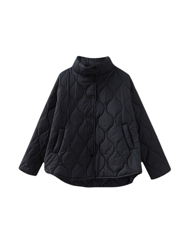 flowersverse Pockets Quilted Solid Color High-low Long Sleeves High Neck Padded Coat