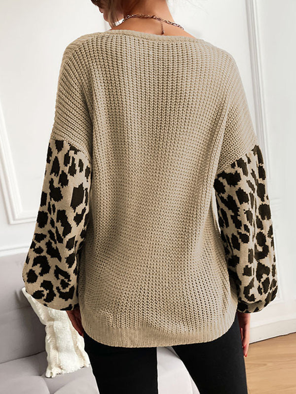 flowersverse Leopard Split-Joint Loose Puff Sleeves V-Neck Sweater Tops