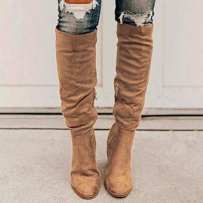 flowersverse Winter Women Boots Solid Square Knee-High With Heels Ladies Boots