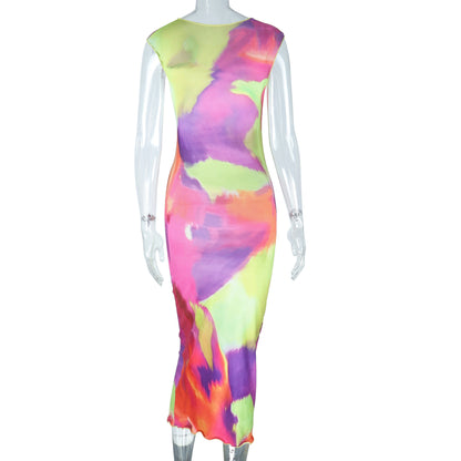 flowersverse Fashion Dress Print Tight Fitting Round Neck Sleevelessslim Waist Bodycon Long Dress