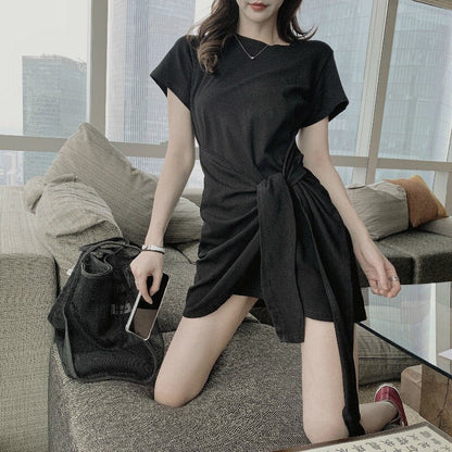 flowersverse Sexy Solid Color Round Neck Cotton Belt Dress Women Summer High Waist A-line Party Nightclub Mini Dress  Arrival