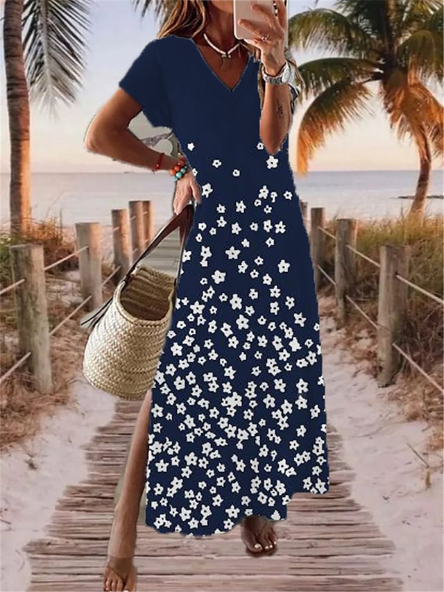 flowersverse Women's Long Dress Maxi Dress Casual Dress Print Dress Floral Fashion Streetwear Outdoor Daily Going out Split Print Short Sleeve V Neck Dress Regular Fit Pink Navy Blue Spring Summer S M L XL XXL