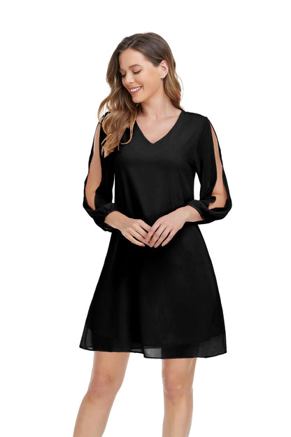 flowersverse Women's loose chiffon three-quarter split sleeves v-neck straight everyday dress elegant cocktail dress