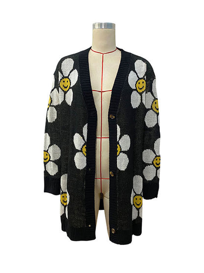 flowersverse Contrast Color Knitted Flower Loose Wrap Cardigan Tops