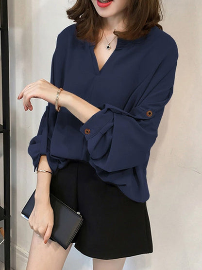 flowersverse Casual Long Sleeves Loose Solid Color V-Neck Blouses&Shirts Tops