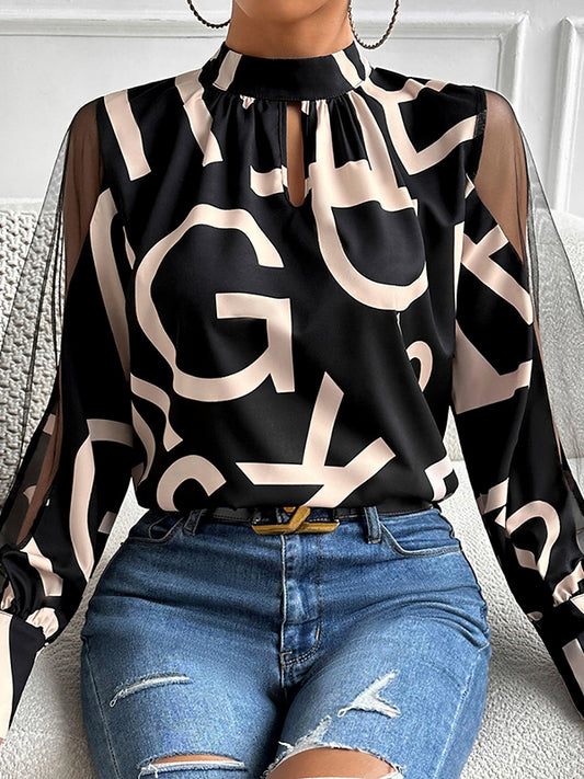 flowersverse Hollow Letter Print Mesh See-Through Long Sleeves Round-neck Shirts Tops Blouses&shirts Tops